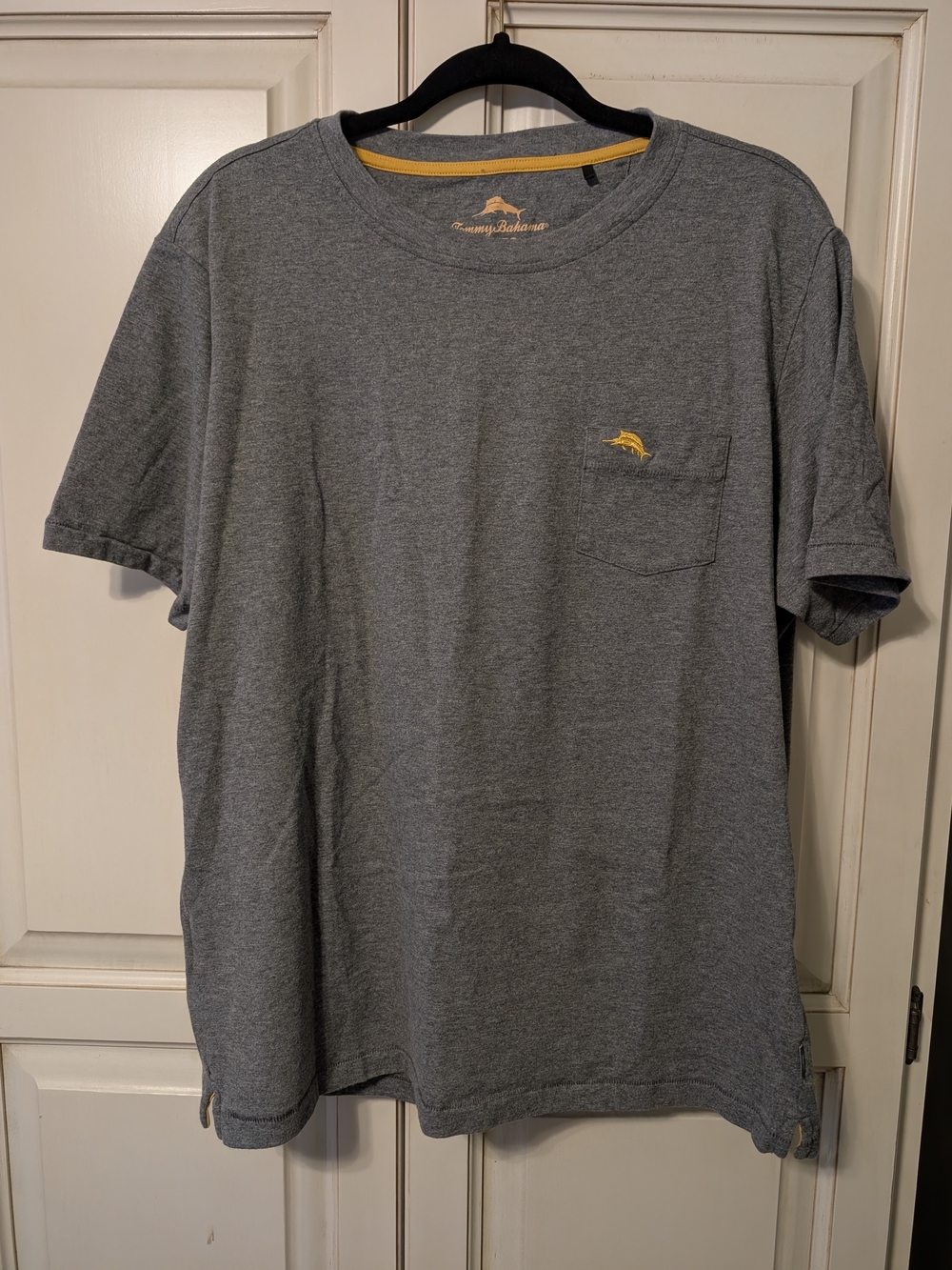 Tommy Bahama Men's Gray Short Sleeve Pocket Tee with Yellow Marlin Logo NWOT